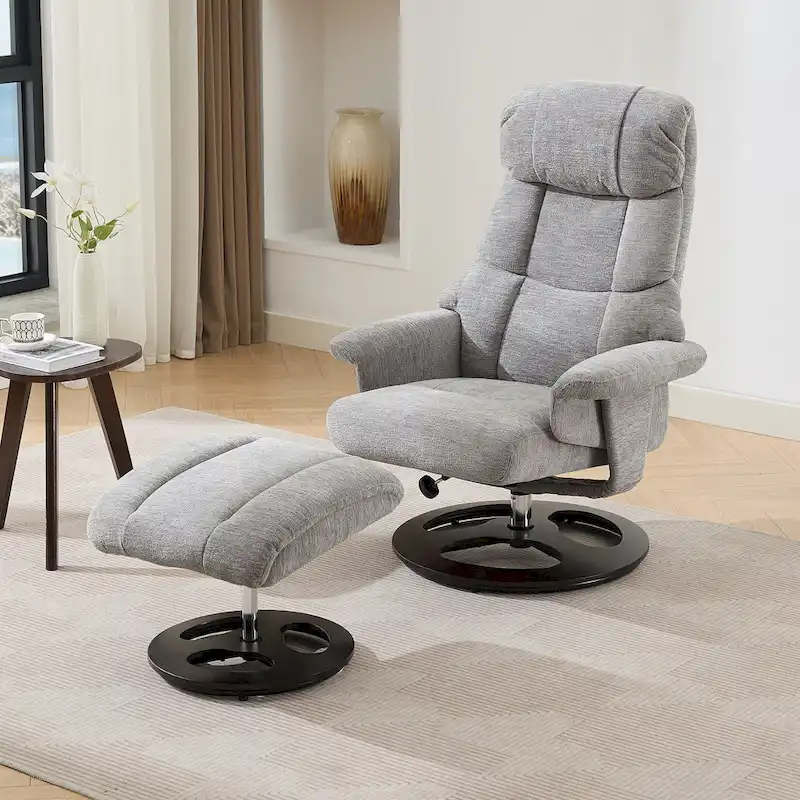 Heated Massage Armchair Chenille Fabric Seating Swivel Recliner Chair with Ottoman, Adjustable Backrest and Remote