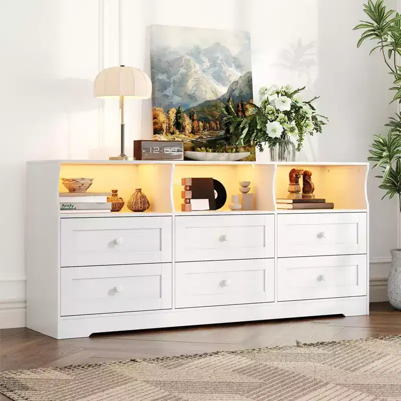 6-Drawer Dresser with RGB Lights & Power Outlet, Black / Gray / White