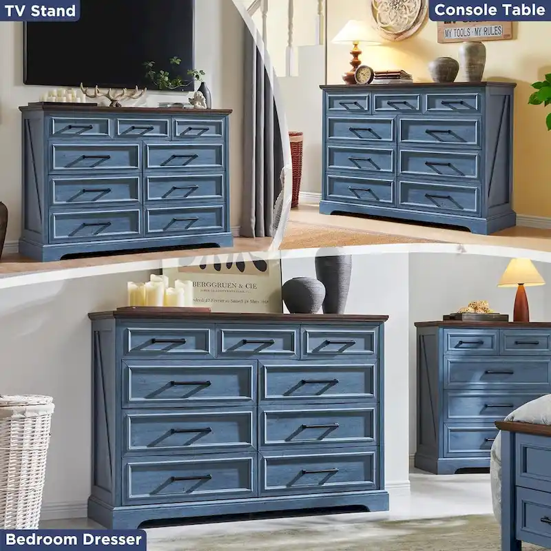 9-Drawer Dresser, Farmhouse, Blue/Grey/Brown/Off White/Black, Engineered Wood