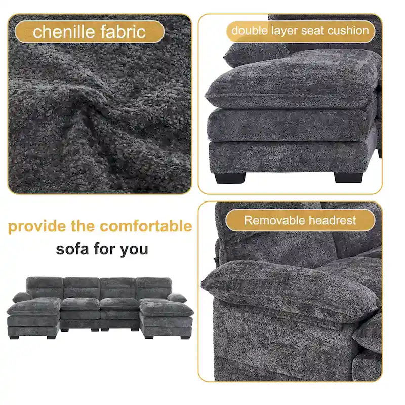 U-shaped profile sofa, including two single seats and two chaise, modular sofa, Chenille sofa