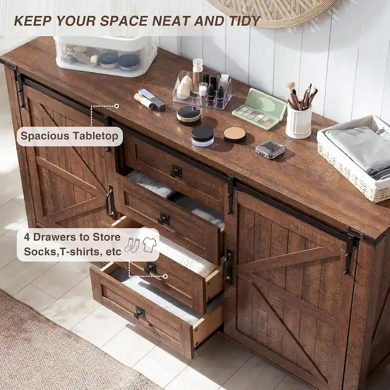 Farmhouse Dresser with 4 Drawers & 2 Sliding Cabinets, Dark Rustic Oak/Antique White/Barnwood