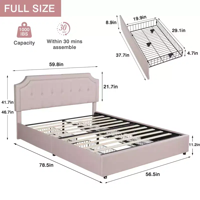 VECELO Queen/Full Size Bed Frame with Storage Drawers & Charging Ports, Upholstered Platform Bed Frame with Adjustable Headboard, Beige