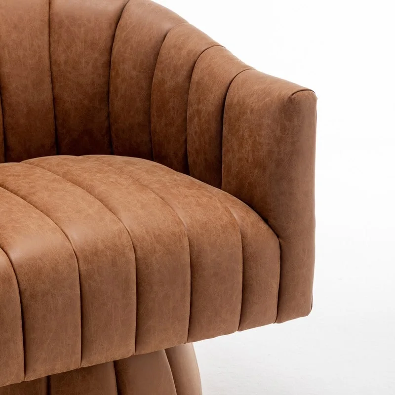 SEYNAR Mid-Century Swivel PU Leather Tufted Round Accent Barrel Chair