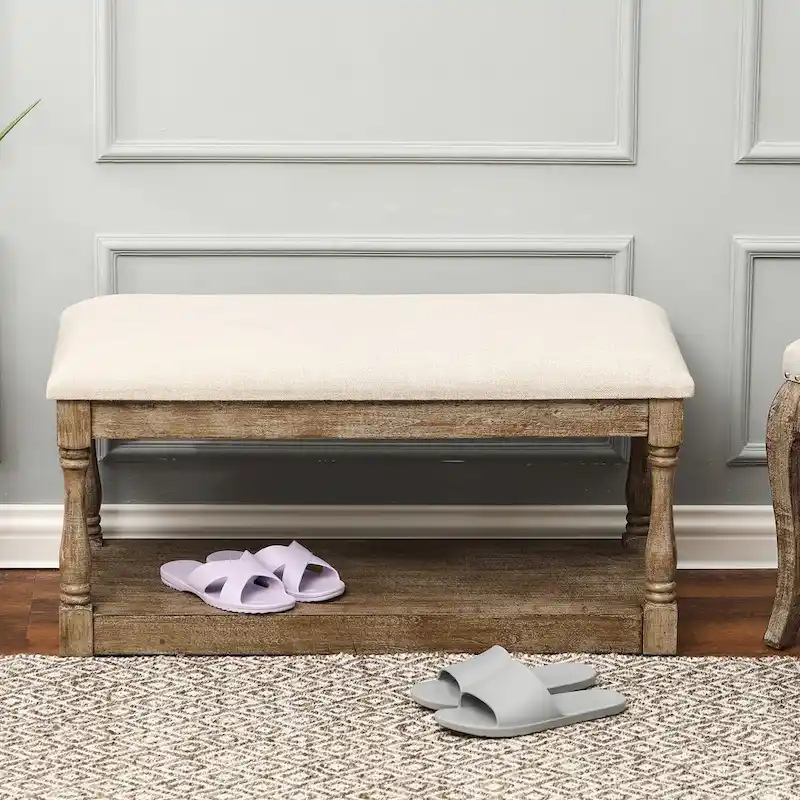 Upholstered Beige Linen Entryway and Bedroom Bench - 17.75 H x 35.5 W x 15.75 D