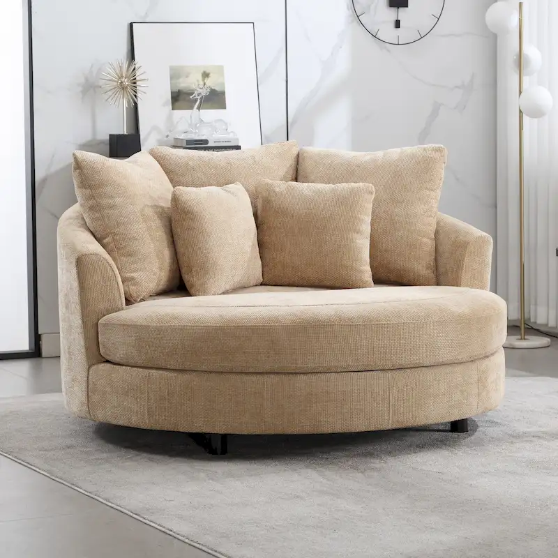 Modern Sofa Chair Round Accent Barrel Chair With 5 Pillows and Optional Ottoman