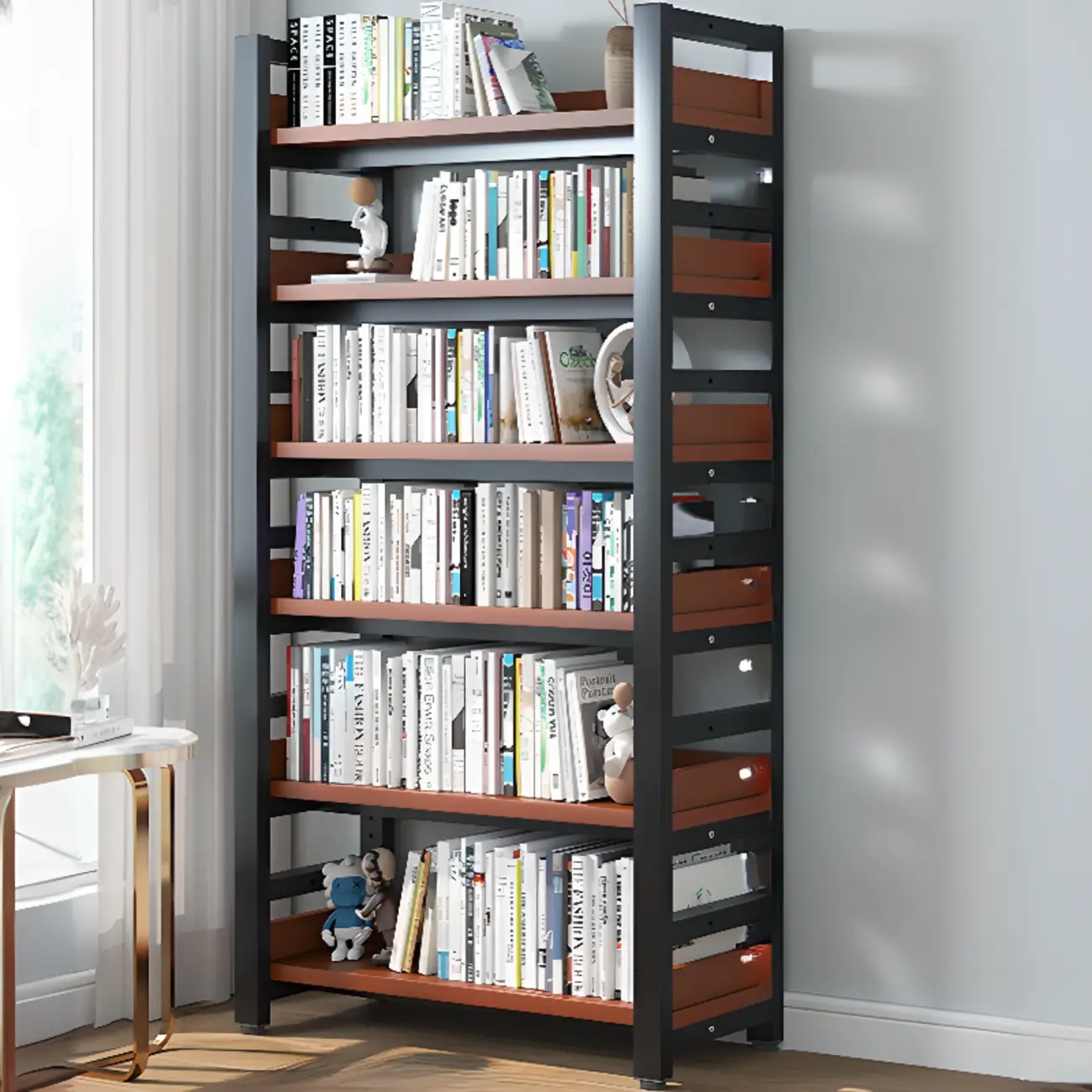 Freestanding Simple Multi-Layer Wood Bookshelf in Steel Frame