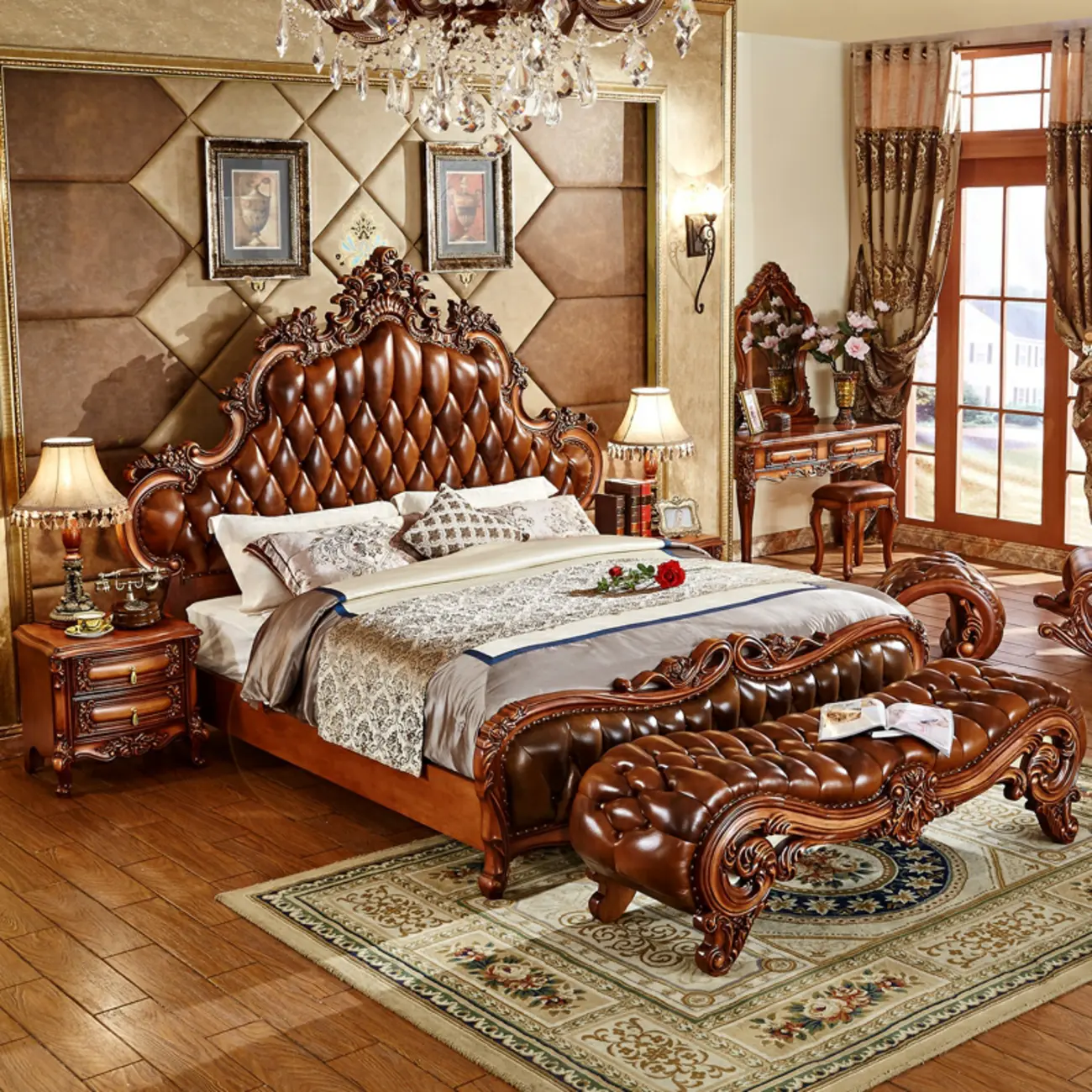 Traditional Brown Carved Wood 2-Drawer Standard Nightstand