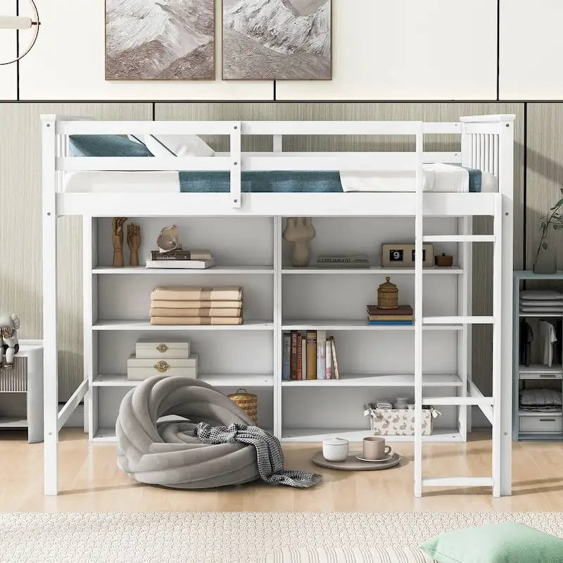 Nestfair Twin Size Loft Bed with 8 Open Storage Shelves and Built-in Ladder