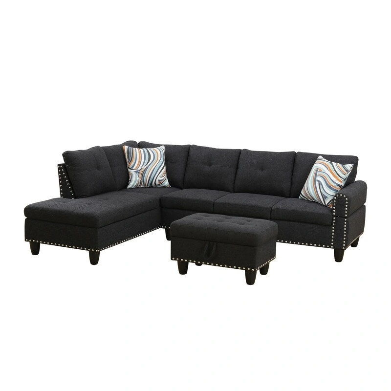 Rivet-Embellished 3-Piece Black Grey Linen Sofa Set - Elevate Your Living Room Style