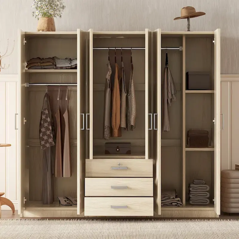 6-Doors Wooden Wardrobe Storage with 3 Big Drawers for Bedroom