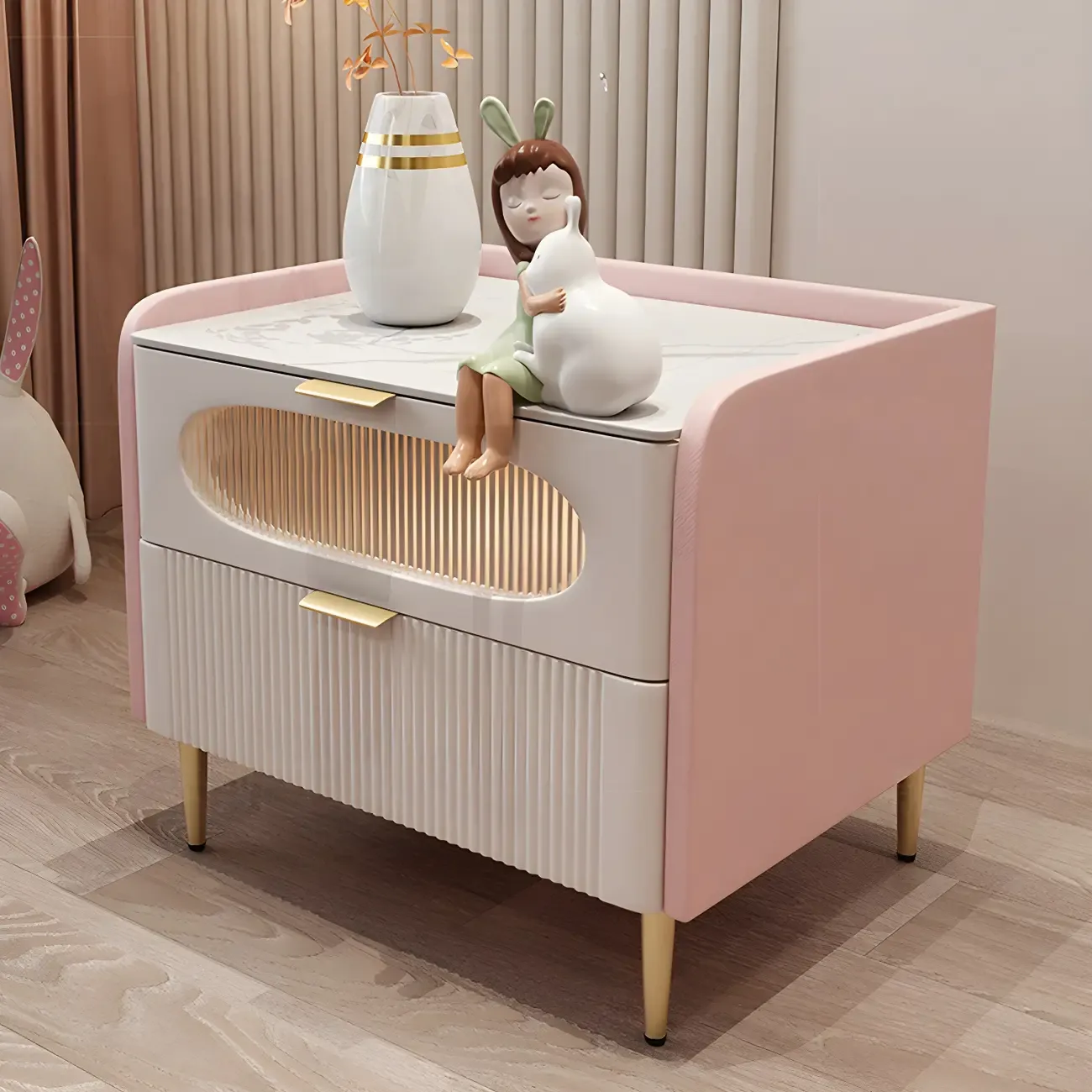 Modish Leather Bedside Table 2 Drawers with Stone Countertop