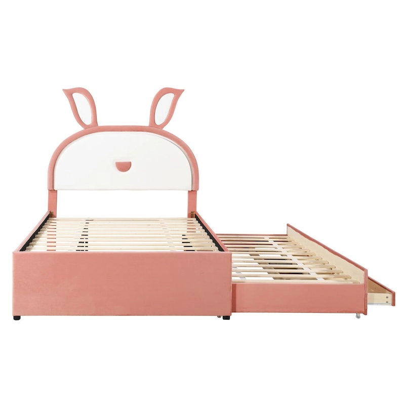 Pink Full Upholstered Platform Bed with Trundle, 3 Drawers, and LED Rabbit Headboard