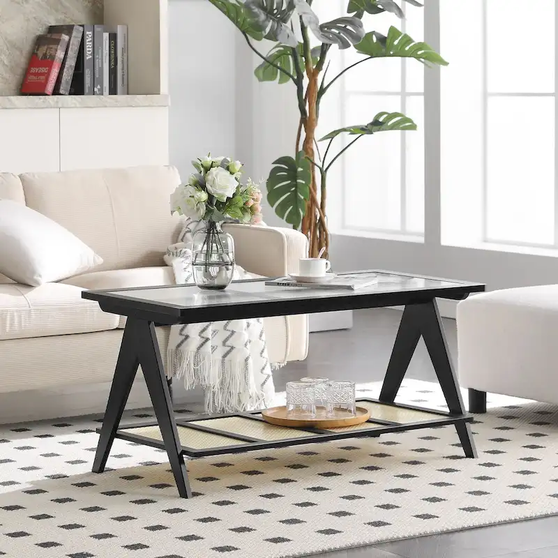 Bamboo Glass Top Side Table Accent End Table with Magazine Rack