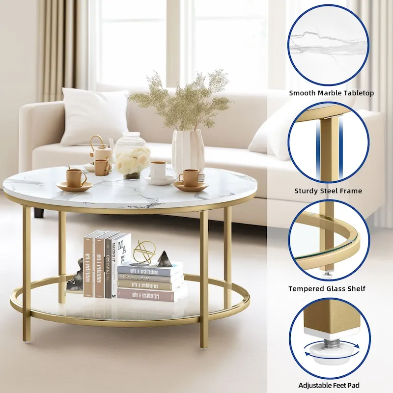 Industrial 2-Tier Round Coffee Table with Shelf