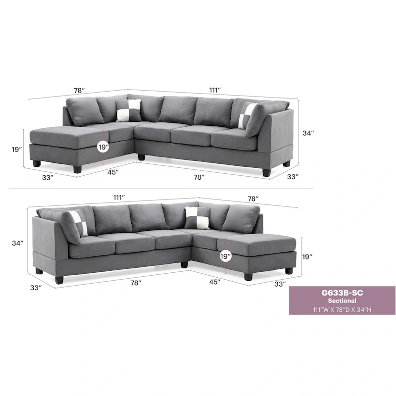 Malone 111 in. Suede 4-Seater Sectional Sofa with 2-Throw Pillow - 111L x 78W x 34H