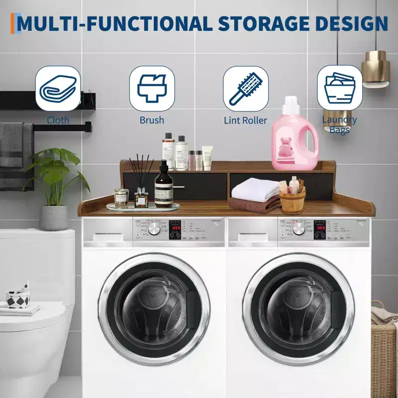 Laundry Countertop, 2-Tier Washer Dryer Countertop with 2 Drawers - 2.75'' Edge Rails, Waterproof Wood, Anti-Slip Pads (54''W27.55''D)