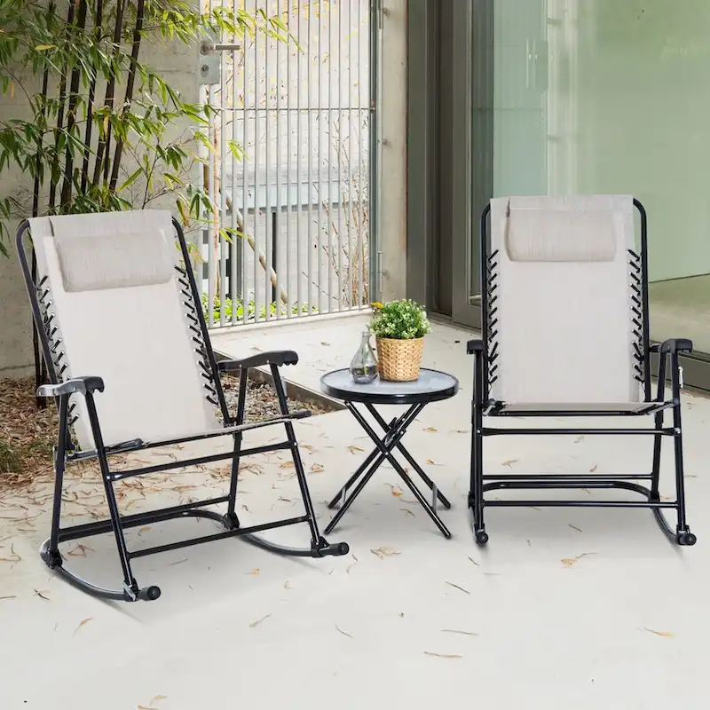 Outsunny 3 Piece Outdoor Rocking Chair Set with Glass Coffee Table