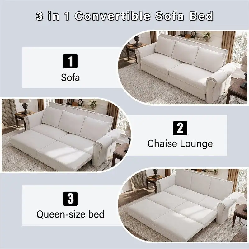 3-in-1 Chesterfield Sofa Bed, King Pull Out Sofa Bed, Velvet/Faux Leather Convertible Sleeper Sofa w/ Nailhead Trim & Rolled Arm