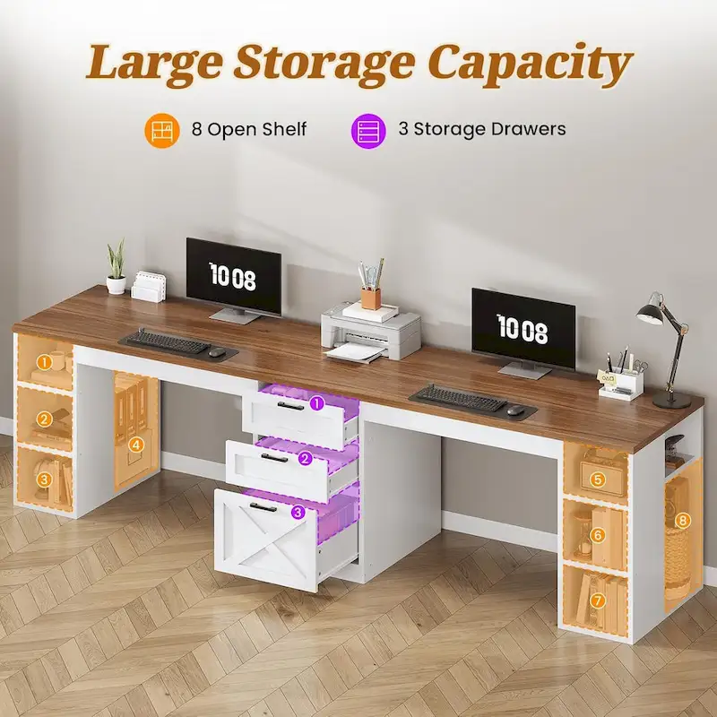 96.5 Computer Desk 3 Drawers Home Office Desk 8 Open Shelves