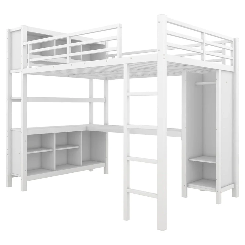 Metal Loft Bed with Wardrobe And L-shaped Desk