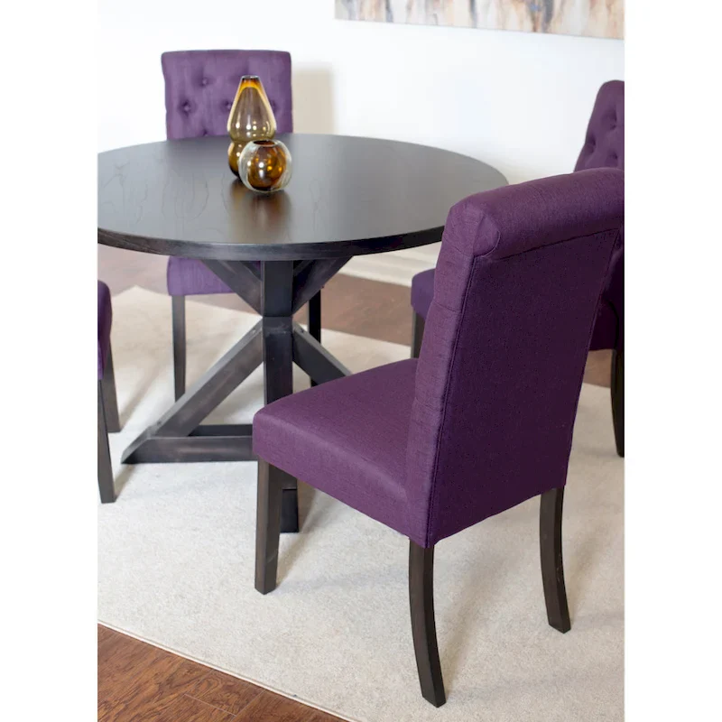 Modern Style 5-Piece Dining Set with Cross Base Round Table and 4 Button Tufted Linen Upholstered Chairs