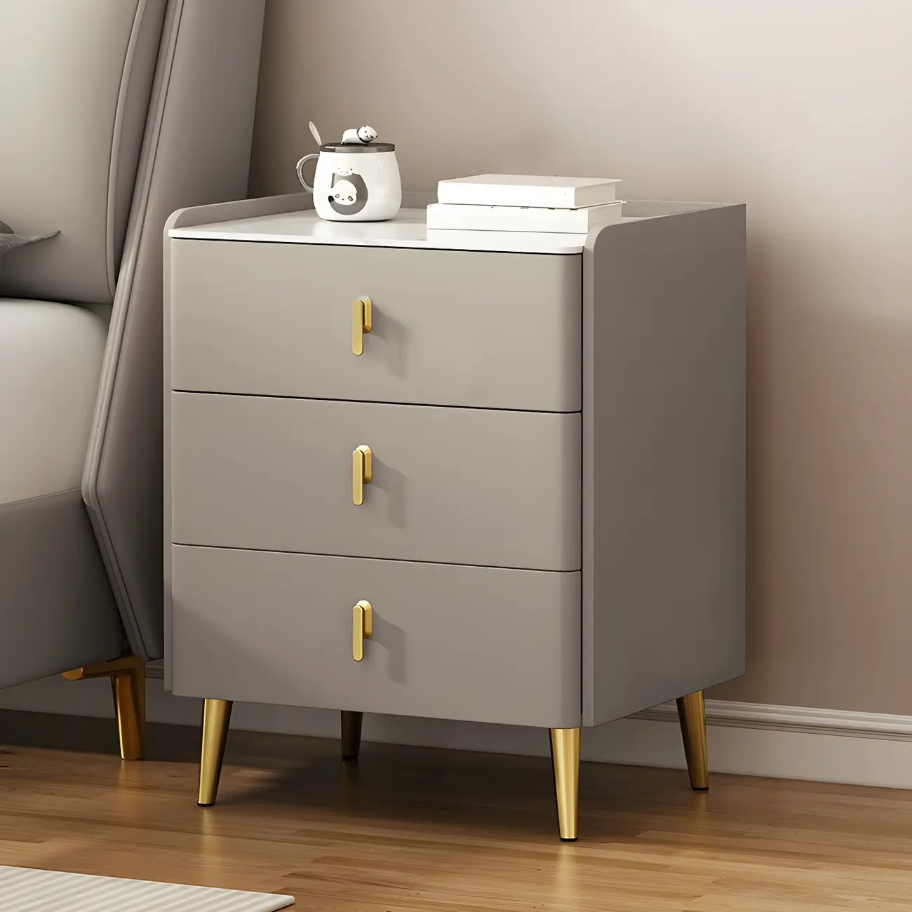 Modern Faux Leather 3 Drawers Nightstand with Stone Top
