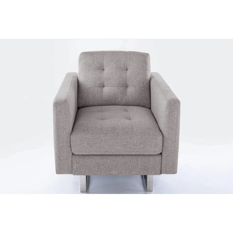 Linen Fabric Armchair with Metal Legs, Side Pockets, and Pillow