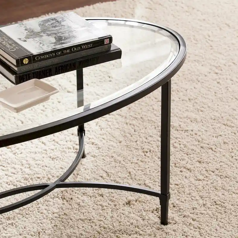 Matte Black Metal Oval Coffee Table with Glass Top