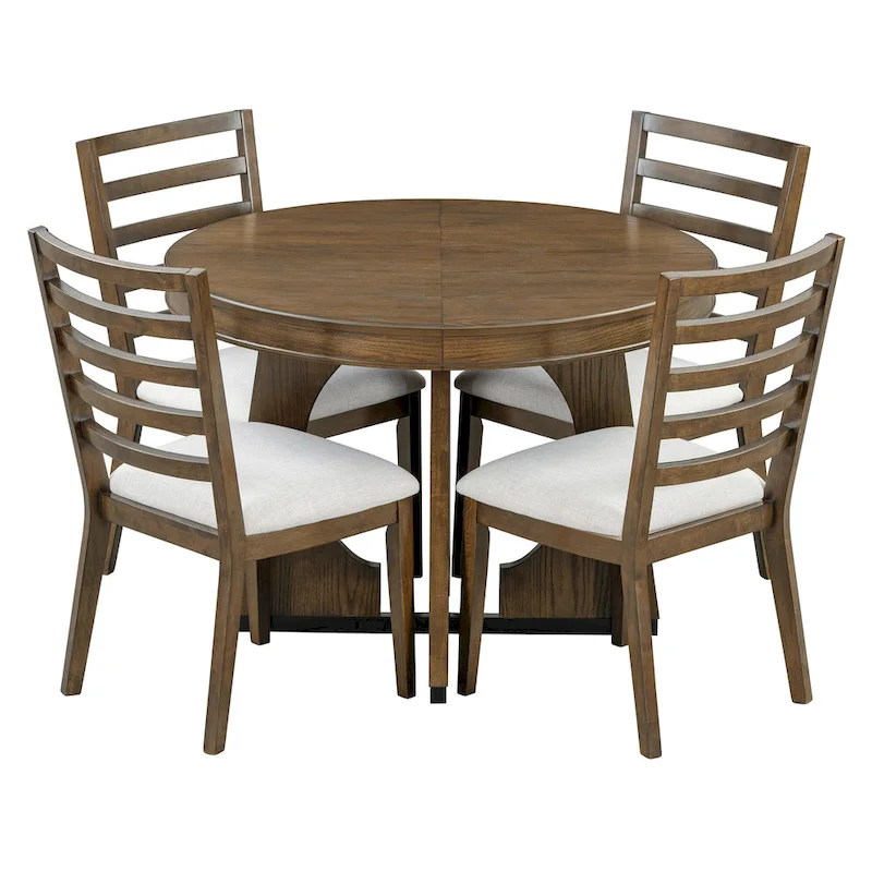 5-Piece Rustic Functional Dining Set, 1 Extendable Table with a 16-inch Leaf and 4 Upholstered Chairs