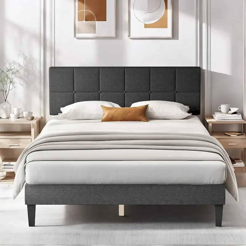 Queen Size Platform Bed Frame with Fabric Upholstered Headboard and Wooden Slats Support, No Box Spring Needed/Easy Assembly