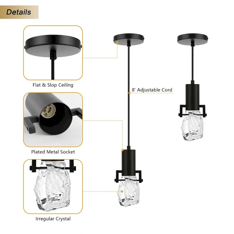 WINGBO 1-Light Modern Crystal Pendant Light Fixture Height Adjustable Hanging Light