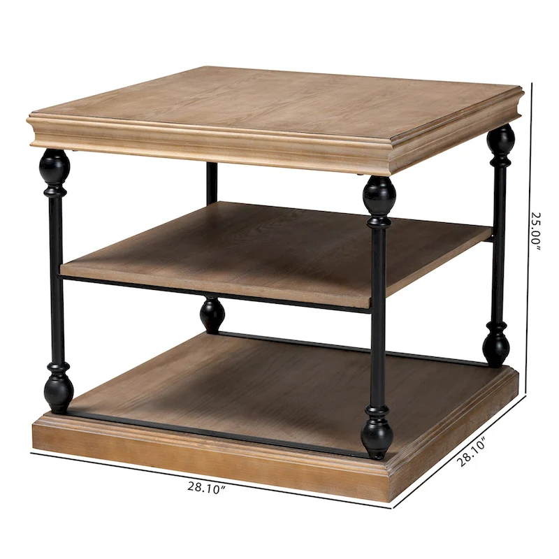 Sebastian Traditional Industrial Wood and Black Metal 3-Tier End Table