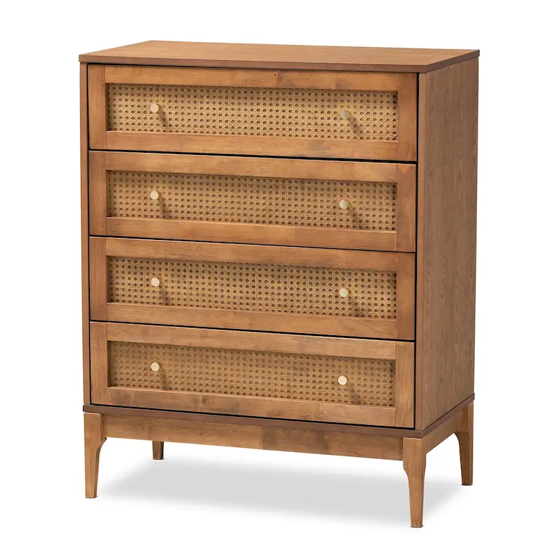 Ramiel Mid-Century Modern Ash Walnut Finished Wood and Rattan 4-Drawer Chest
