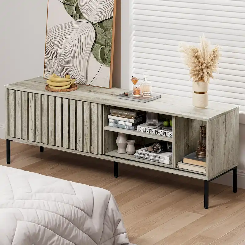 Moasis 64TV Stand Hollow Sliding Door Entertainment Center Adjustable Shelves TV Console - 64L x 15.4W x 22.5H