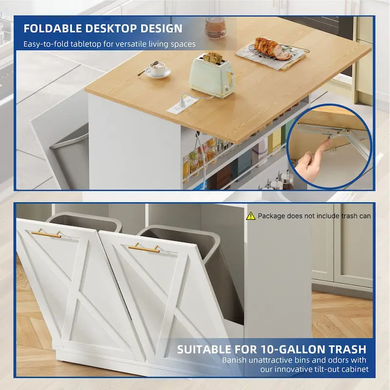 Kitchen Island Drop Leaf Double Tilt Out Trash Cabinet with Power Outlet & Wheels