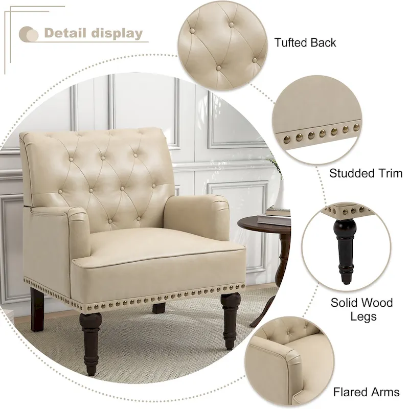 Button-Tufted PU Leather Accent Chair, Black/Brown/Beige, Nailhead Trim, Seats 1