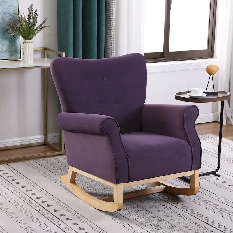 Velvet Tufted High Back Rocking Chair - Single Seat with Wood Legs