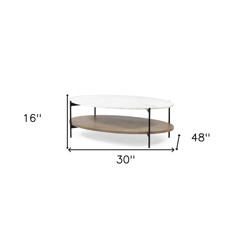 HomeRoots 48 Brown and Black Genuine Marble and Metal Oval Coffee Table With Shelf - 30