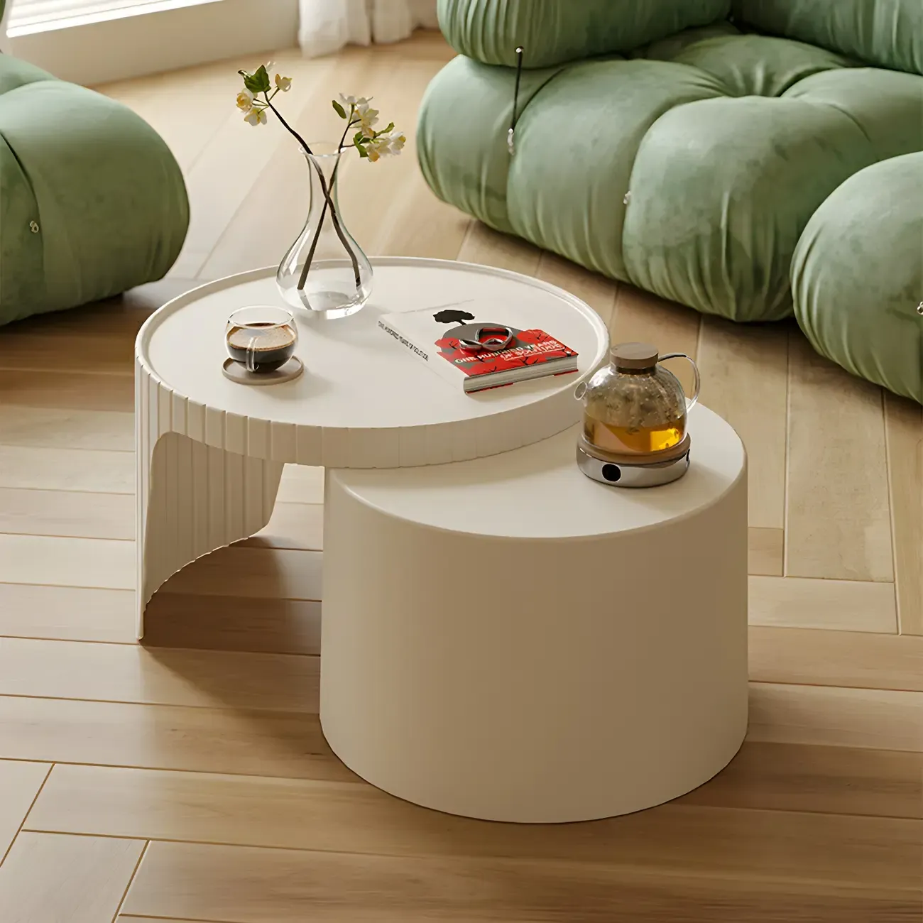Extendable Acrylic Round Nesting Coffee Table with Tray Top