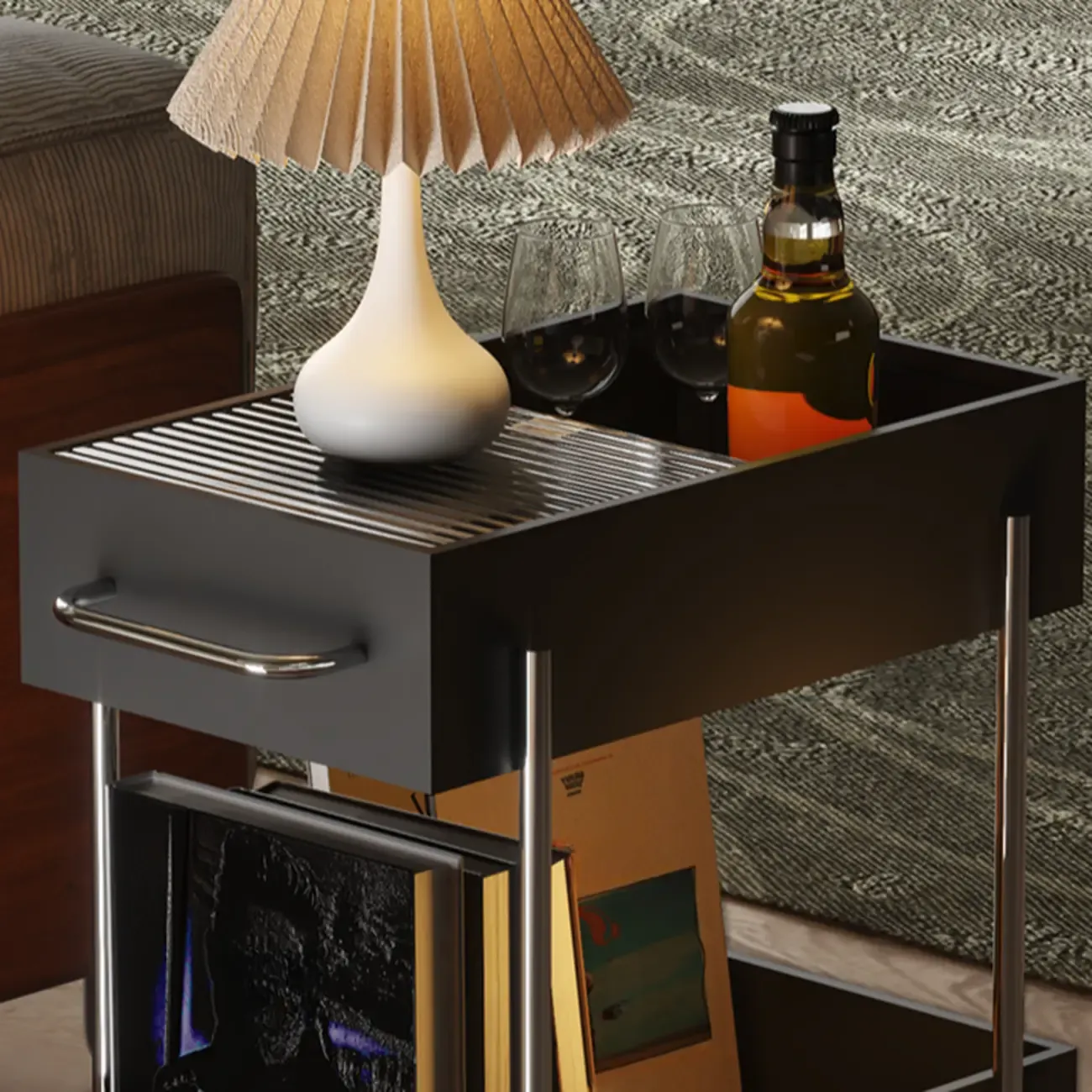 Trendy Black 2-Tier Small Side Table with Casters