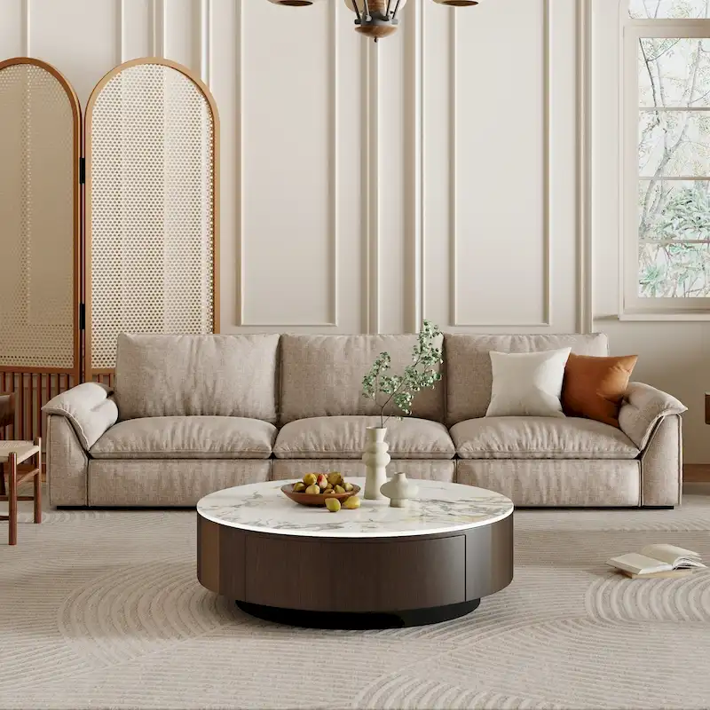 35 Modern Faux Marble Round Coffee Table, White Glossy Sintered Stone Tabletop, Mid Century Table with Solid Wood Drawer