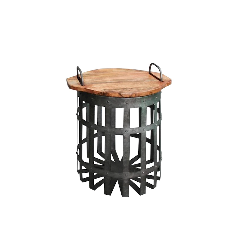 Industrial Grid Galvanized Accent End Table with Round Lid and Handles, Set of 2, Gray and Brown