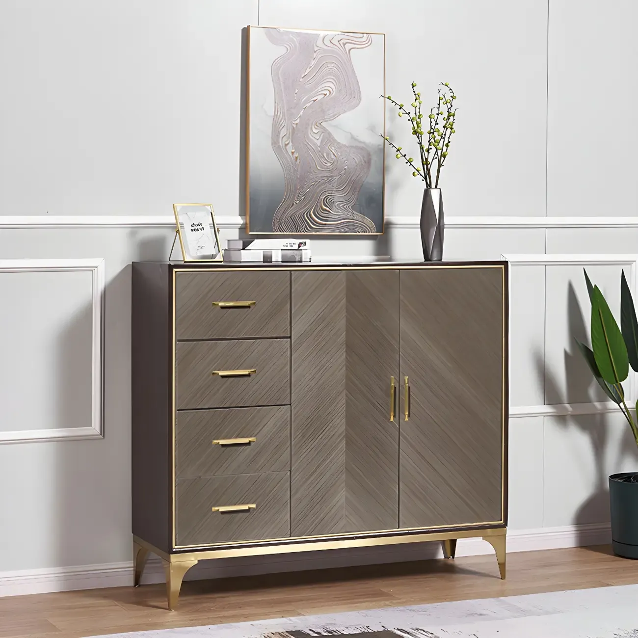 Glam Wooden Sideboard with Drawers & Adjustable Shelves
