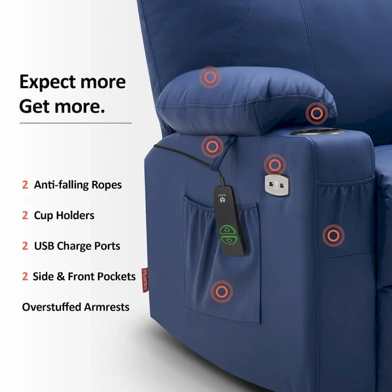 MCombo Large Power Lift Recliner Leather Chair with Massage, Heat, Cup Holders,Extended Footrest, Leather 7516