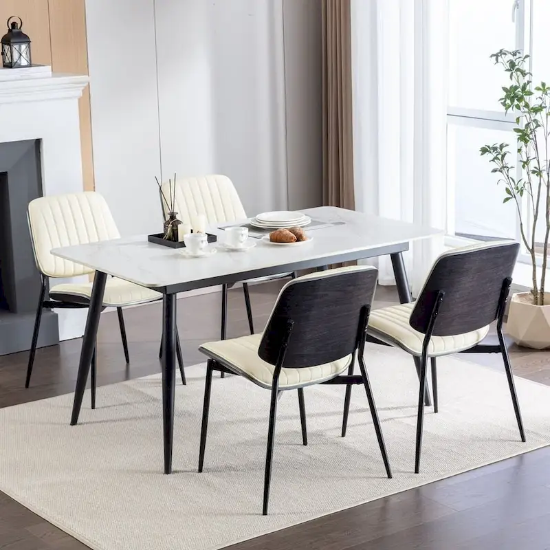 Retro Linen Dining Chairs Set of 2, Bentwood Back with Metal Legs