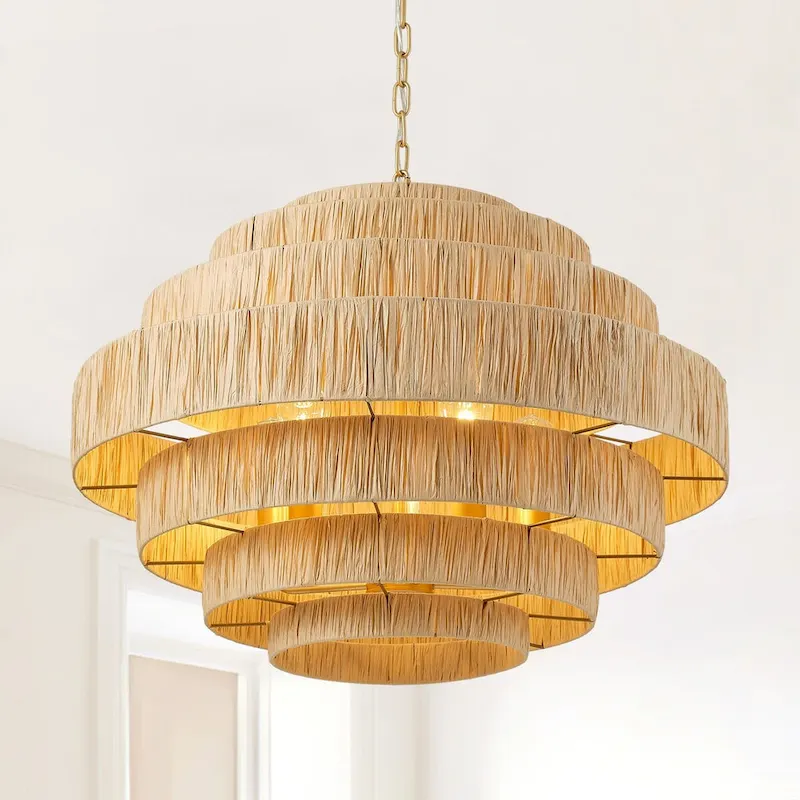 Farmhouse Gold Multi Tiers 5-Light Kitchen Island Pendant Light with Paper Woven Shade