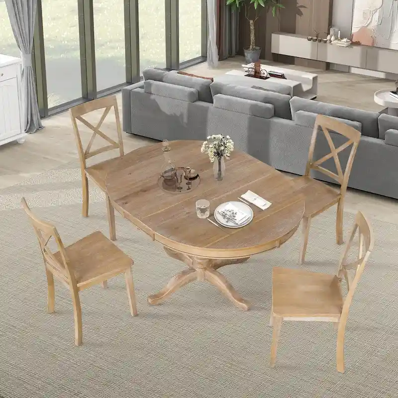 5-Piece Dining Round Extendable Table Set with 4 Chairs