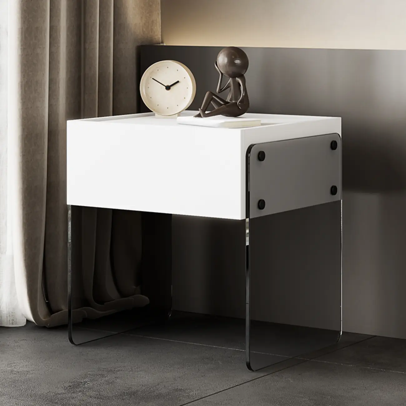 Modern Black Wood Nightstand with Glass Legs Drawer Storage