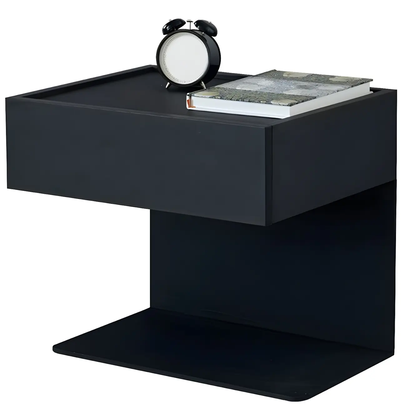 Black Steel Wood C-Shaped Drawer Nightstand with Light