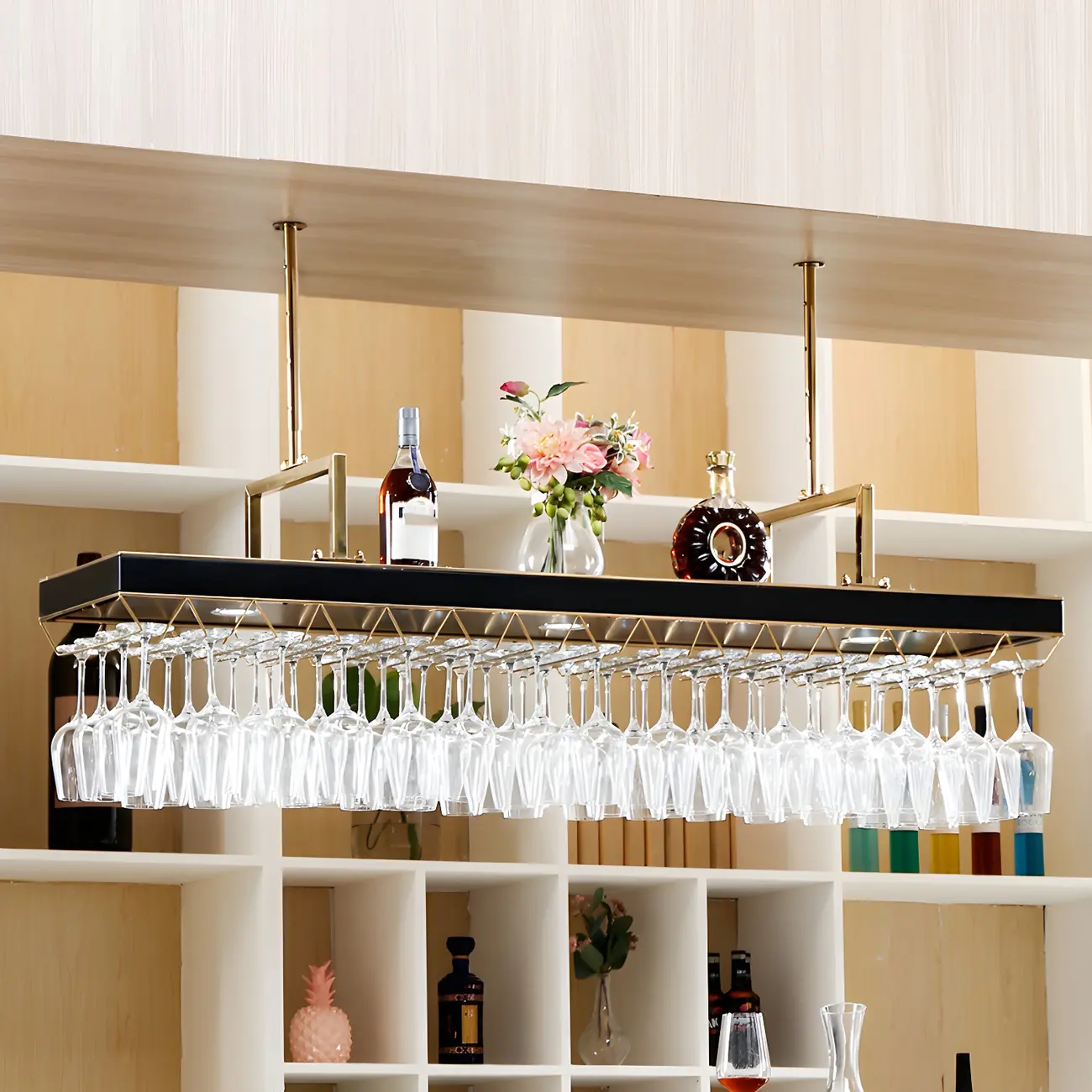 Elegant Black Hanging Wine Rack with Glass Holder